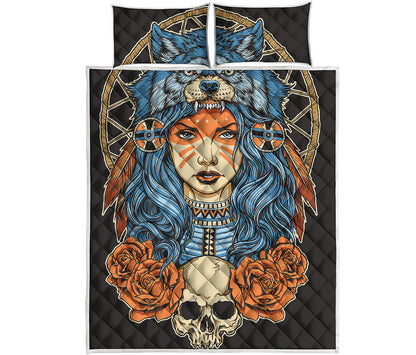 Native American Wolf Girl Print Quilt Bed Set