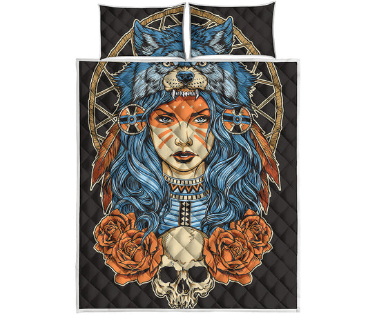 Native American Wolf Girl Print Quilt Bed Set