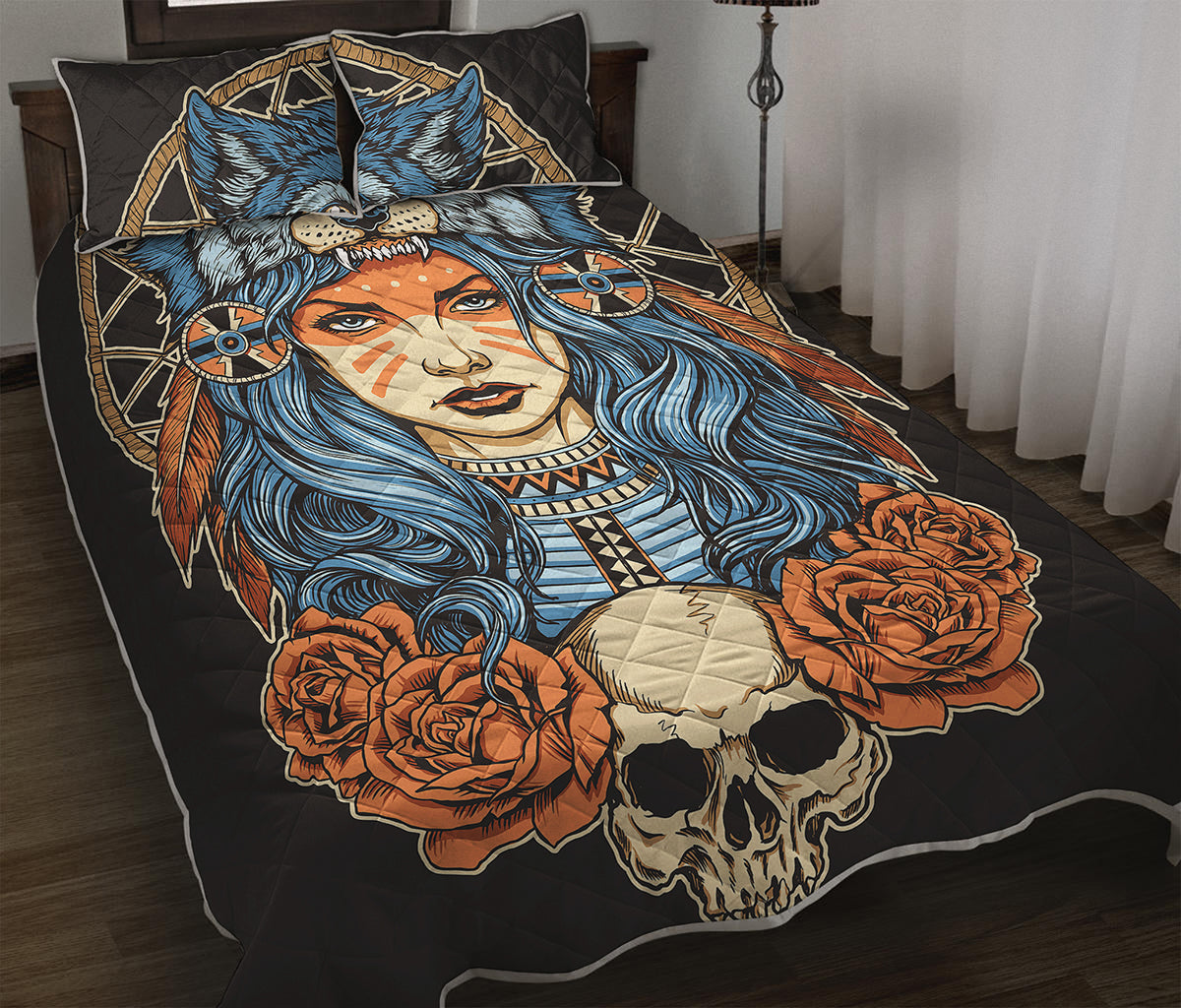 Native American Wolf Girl Print Quilt Bed Set