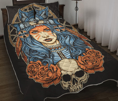 Native American Wolf Girl Print Quilt Bed Set