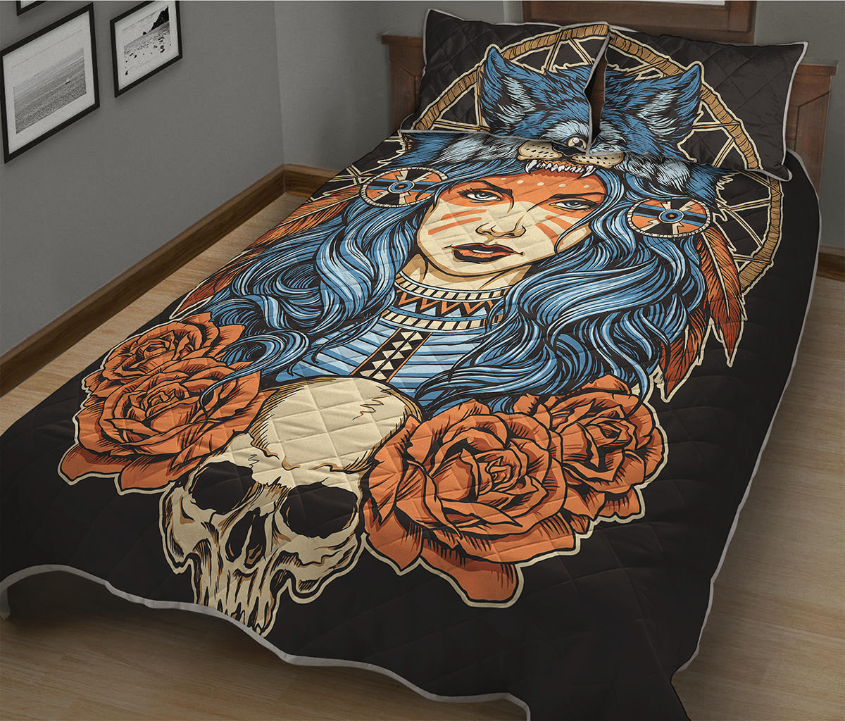Native American Wolf Girl Print Quilt Bed Set