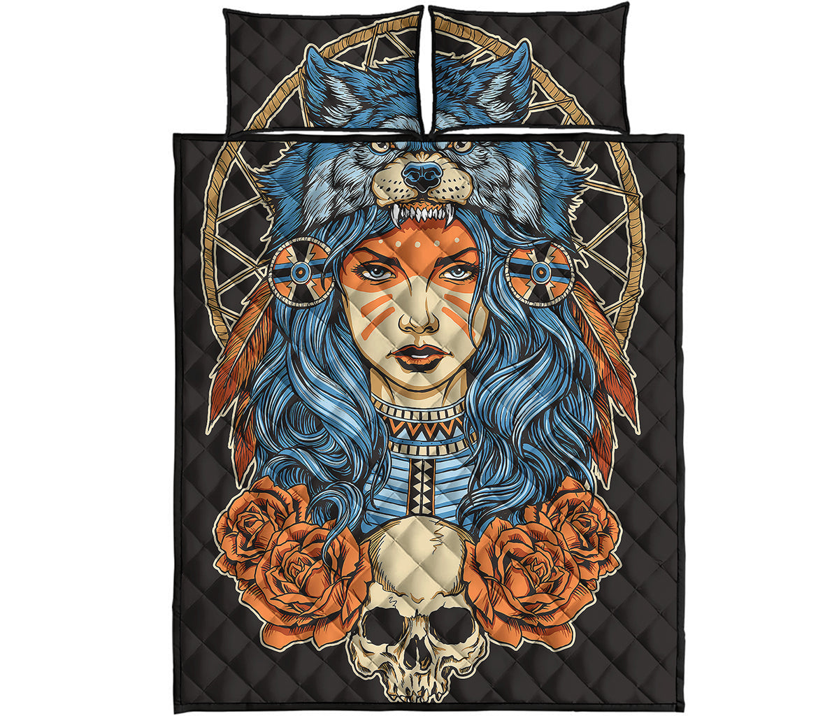 Native American Wolf Girl Print Quilt Bed Set