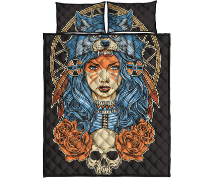Native American Wolf Girl Print Quilt Bed Set
