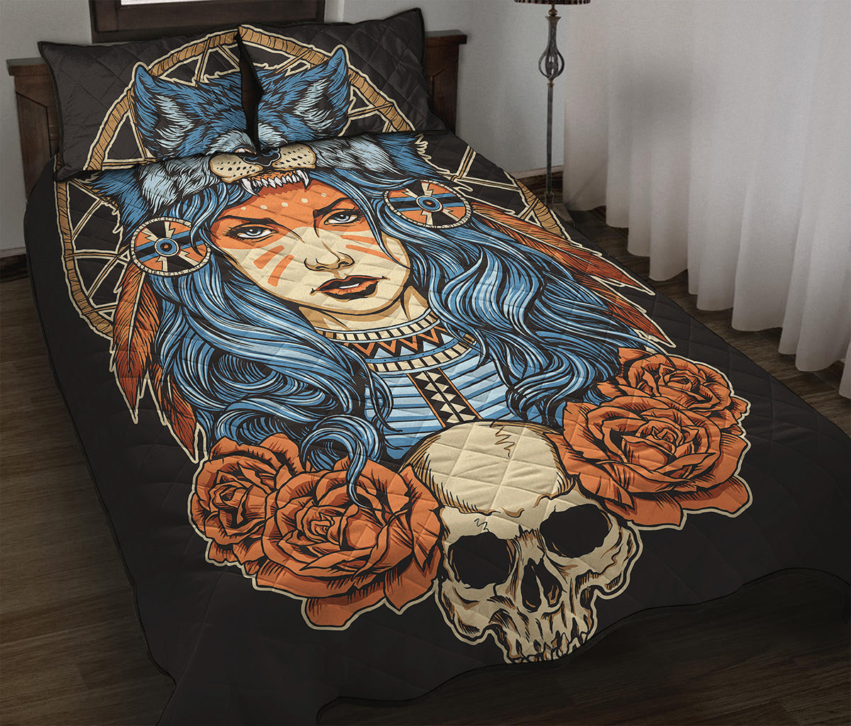 Native American Wolf Girl Print Quilt Bed Set