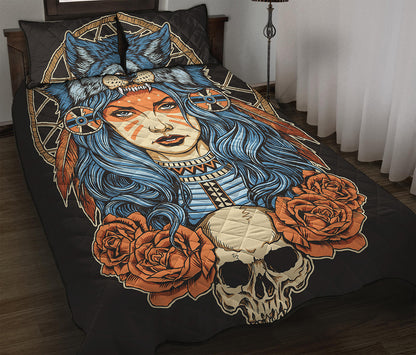Native American Wolf Girl Print Quilt Bed Set