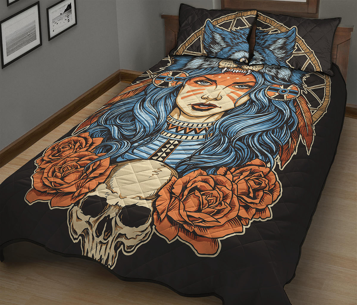 Native American Wolf Girl Print Quilt Bed Set