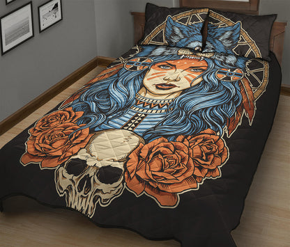 Native American Wolf Girl Print Quilt Bed Set