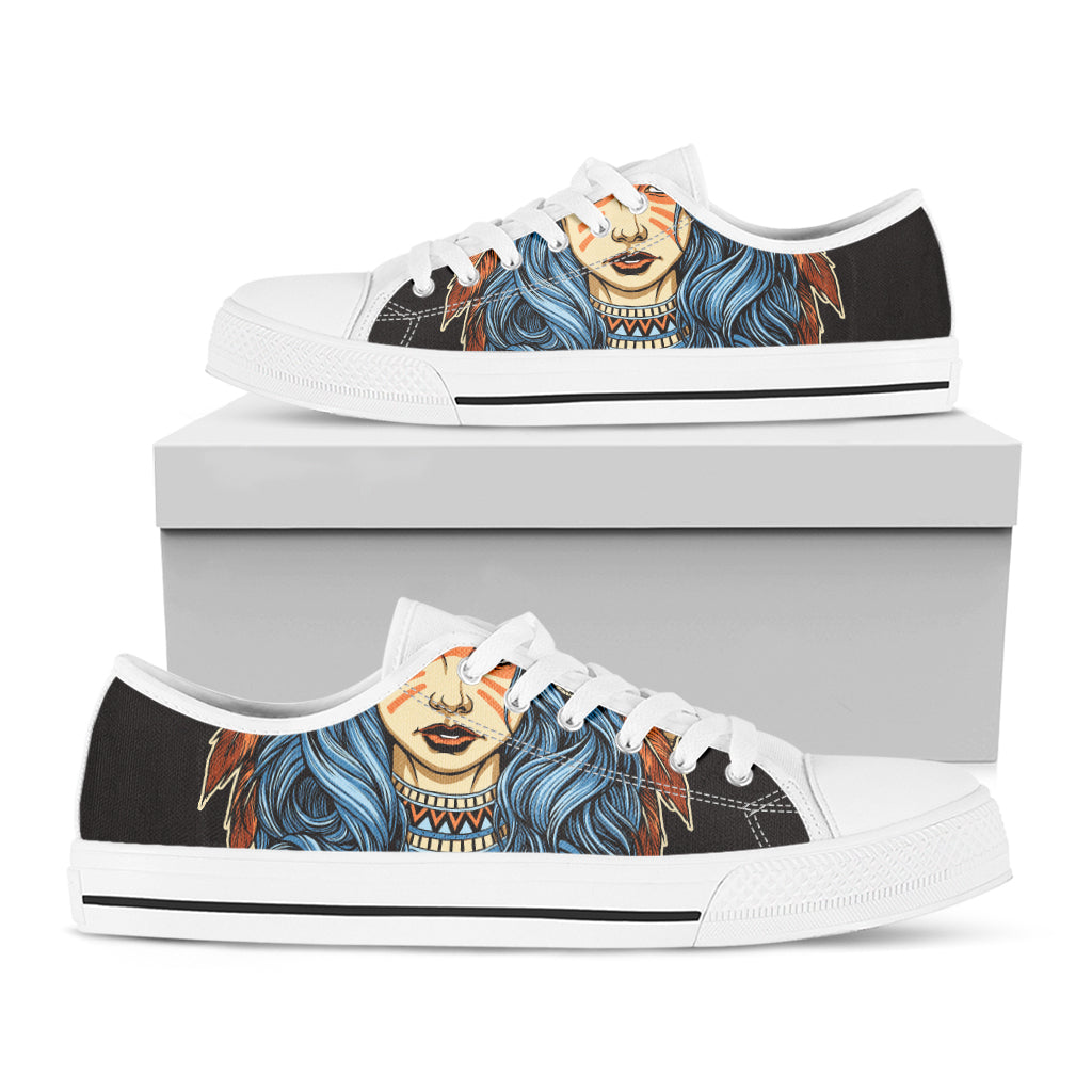 Native American Wolf Girl Print White Low Top Shoes