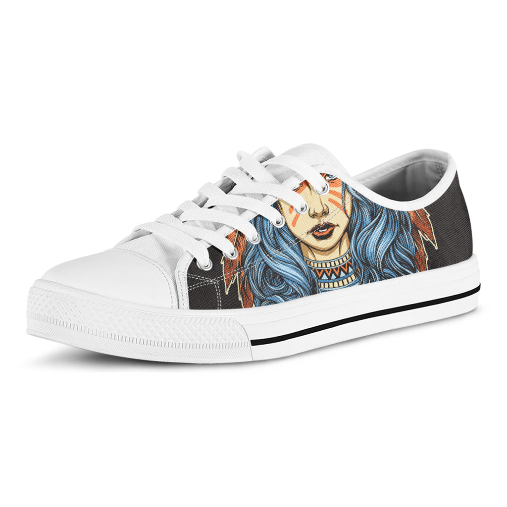 Native American Wolf Girl Print White Low Top Shoes