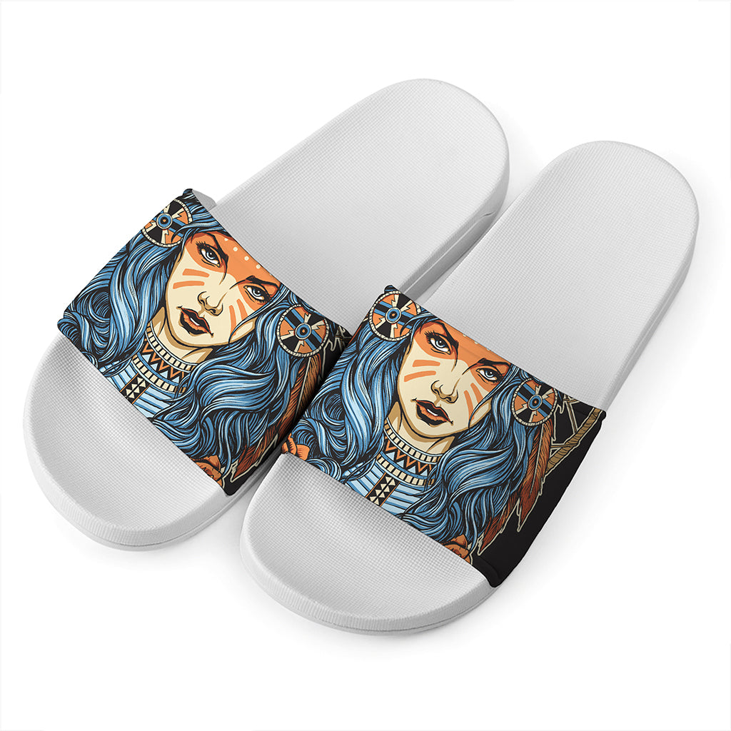 Native American Wolf Girl Print White Slide Sandals