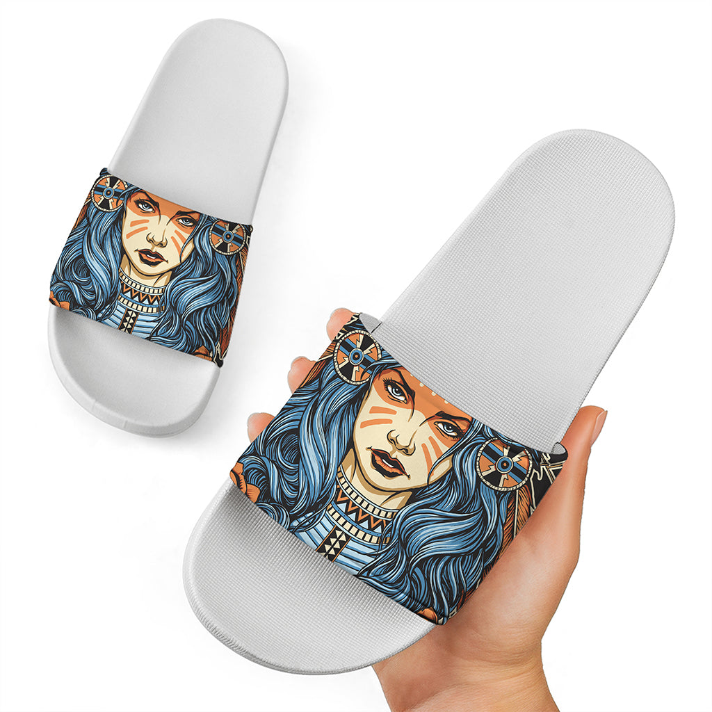Native American Wolf Girl Print White Slide Sandals
