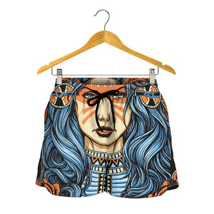 Native American Wolf Girl Print Women's Shorts