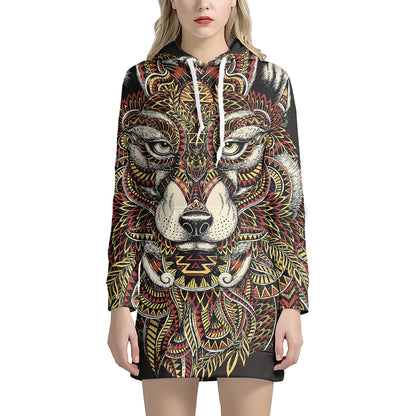 Native American Wolf Spirit Animal Print Pullover Hoodie Dress