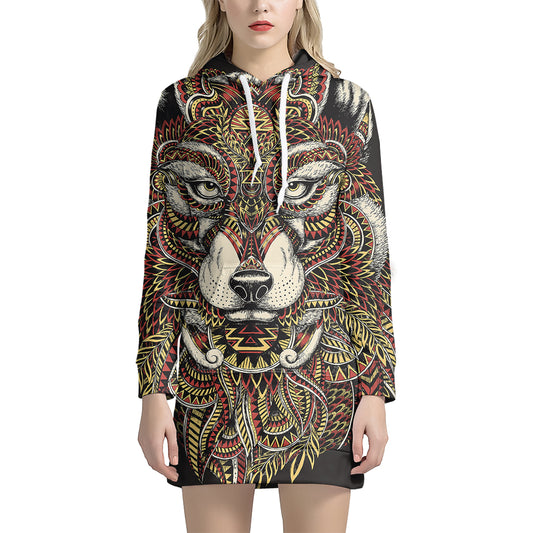 Native American Wolf Spirit Animal Print Pullover Hoodie Dress