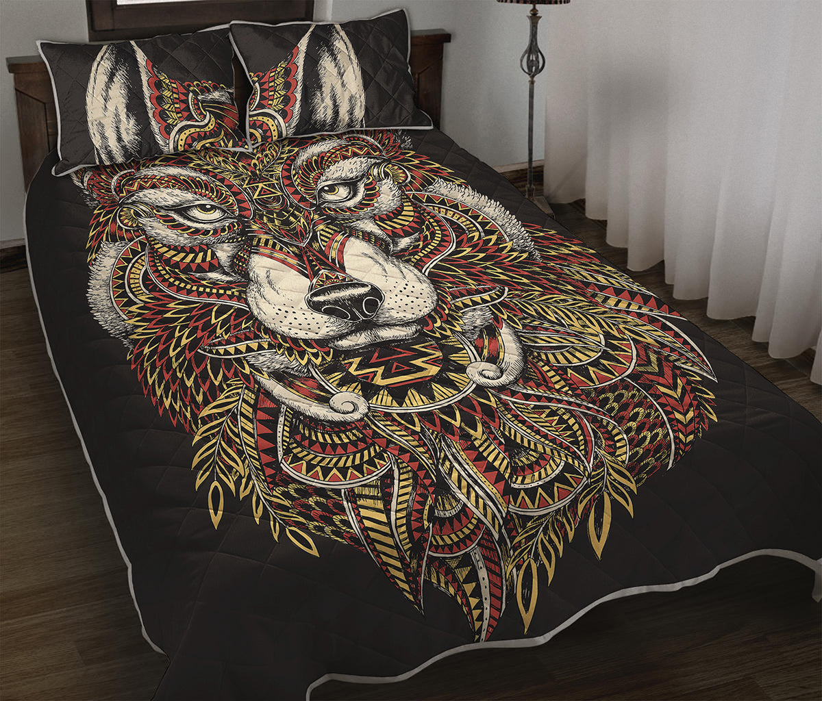Native American Wolf Spirit Animal Print Quilt Bed Set