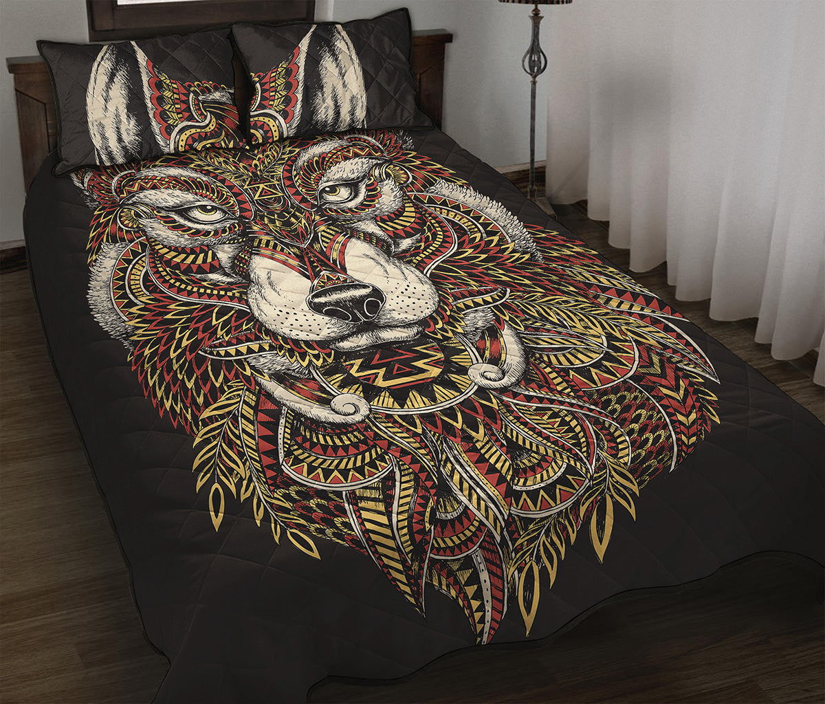 Native American Wolf Spirit Animal Print Quilt Bed Set