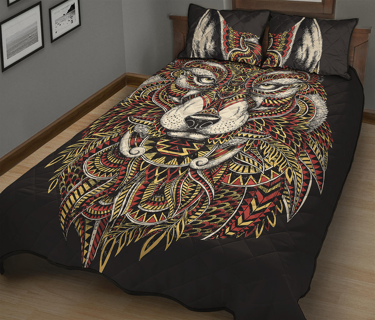 Native American Wolf Spirit Animal Print Quilt Bed Set
