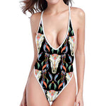 Native Buffalo Pattern Print One Piece High Cut Swimsuit