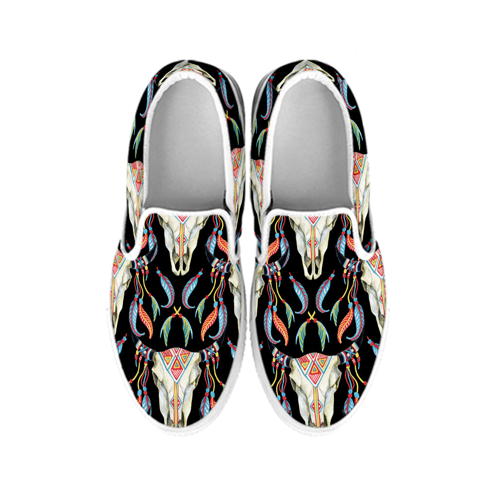 Native Buffalo Pattern Print White Slip On Shoes