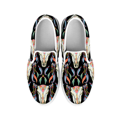 Native Buffalo Pattern Print White Slip On Shoes