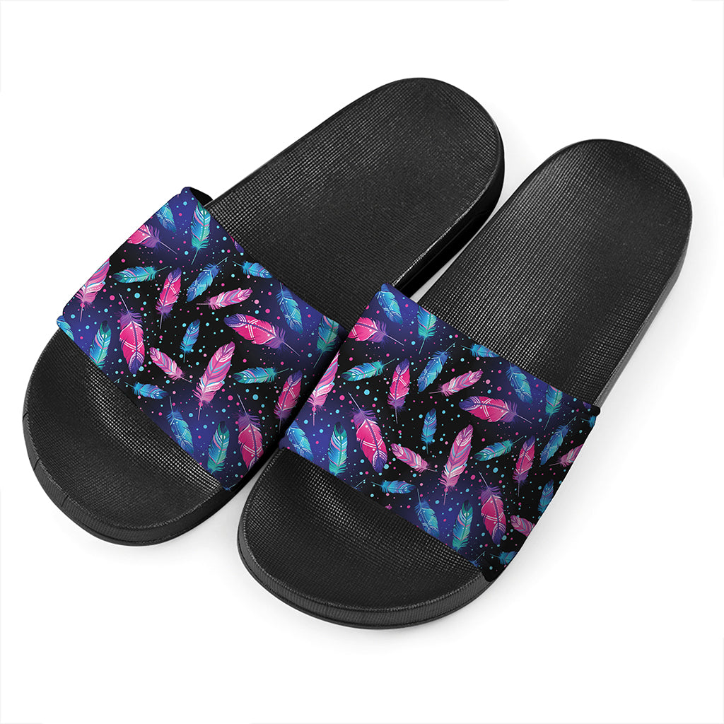 Native Feather Pattern Print Black Slide Sandals