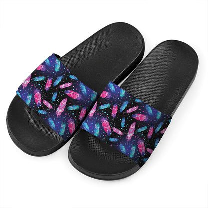 Native Feather Pattern Print Black Slide Sandals