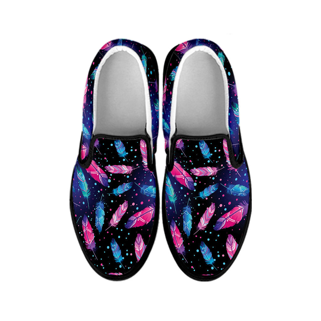 Native Feather Pattern Print Black Slip On Shoes