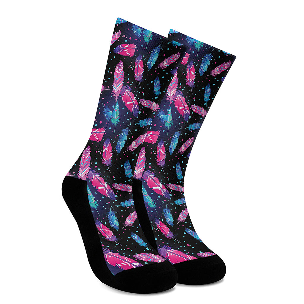 Native Feather Pattern Print Crew Socks