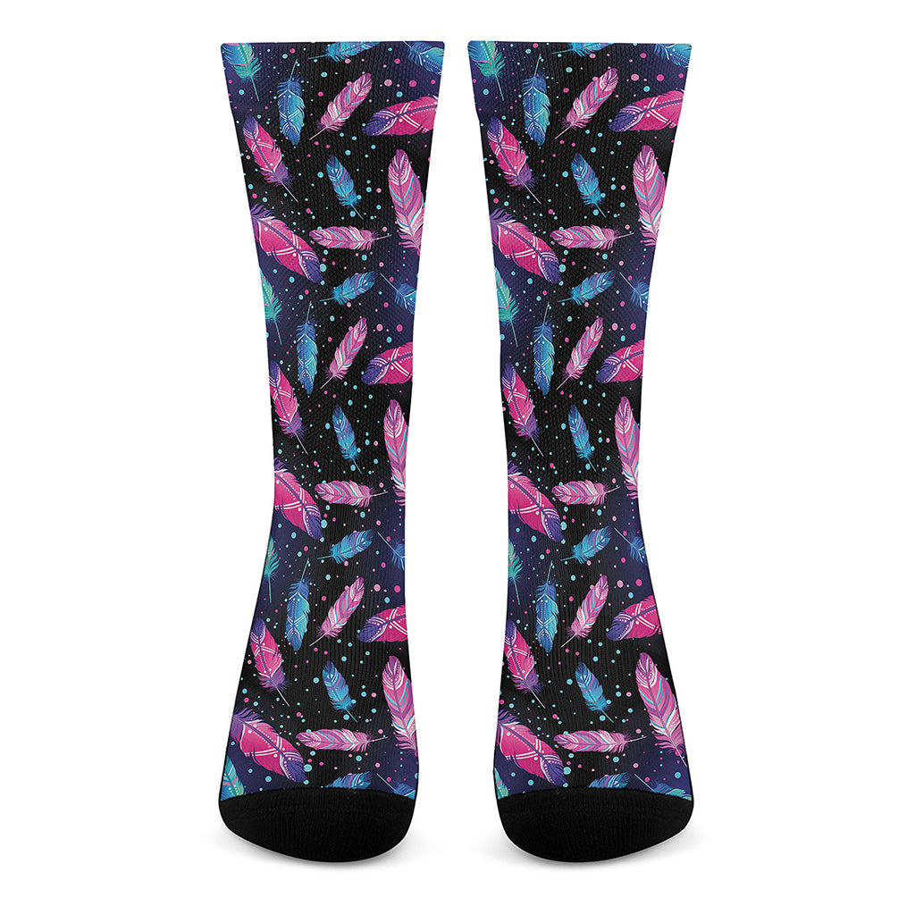 Native Feather Pattern Print Crew Socks