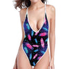 Native Feather Pattern Print One Piece High Cut Swimsuit