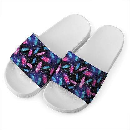 Native Feather Pattern Print White Slide Sandals