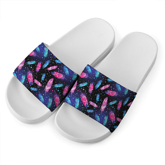 Native Feather Pattern Print White Slide Sandals
