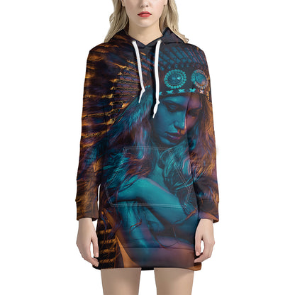 Native Indian Girl Portrait Print Hoodie Dress