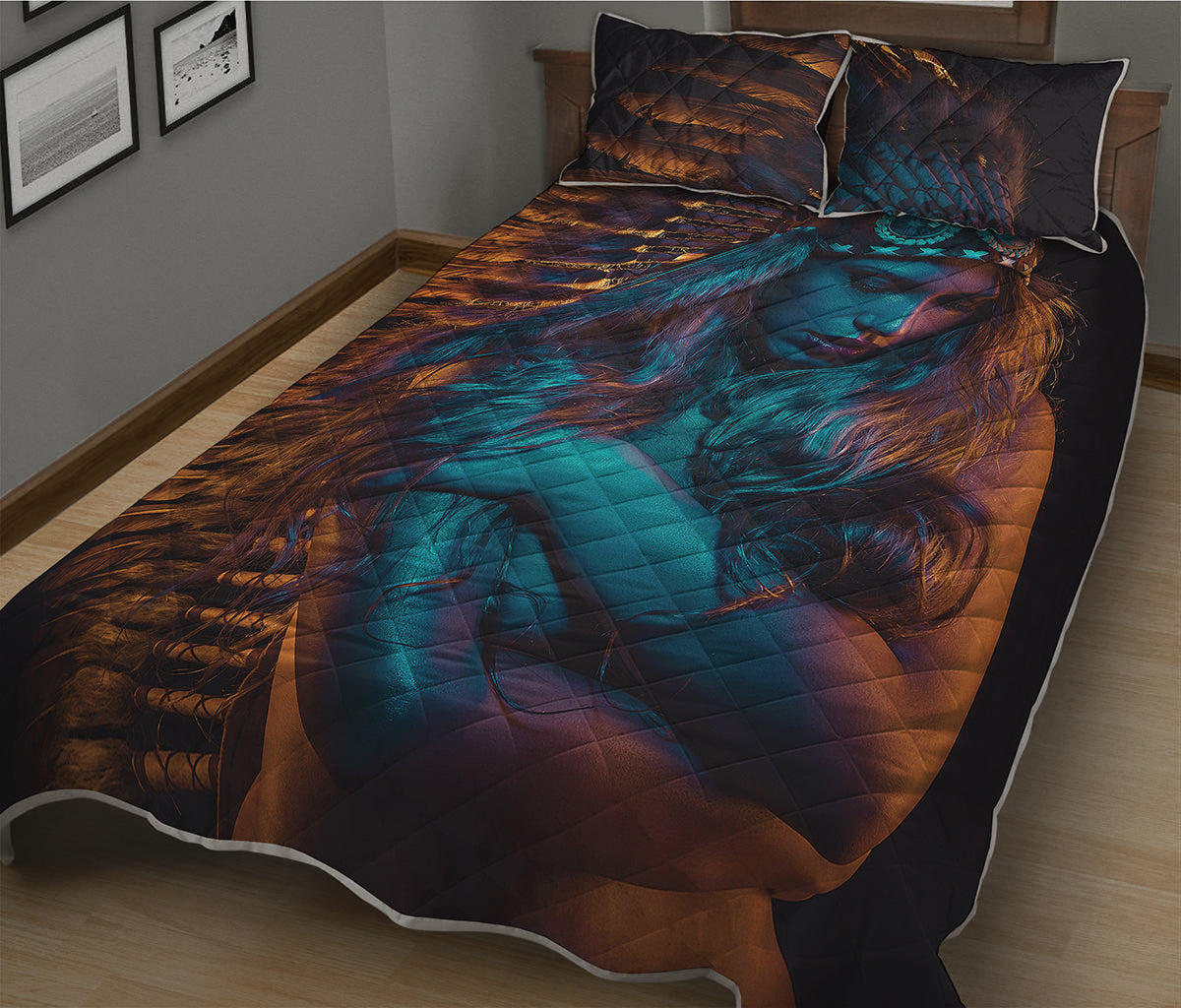 Native Indian Girl Portrait Print Quilt Bed Set