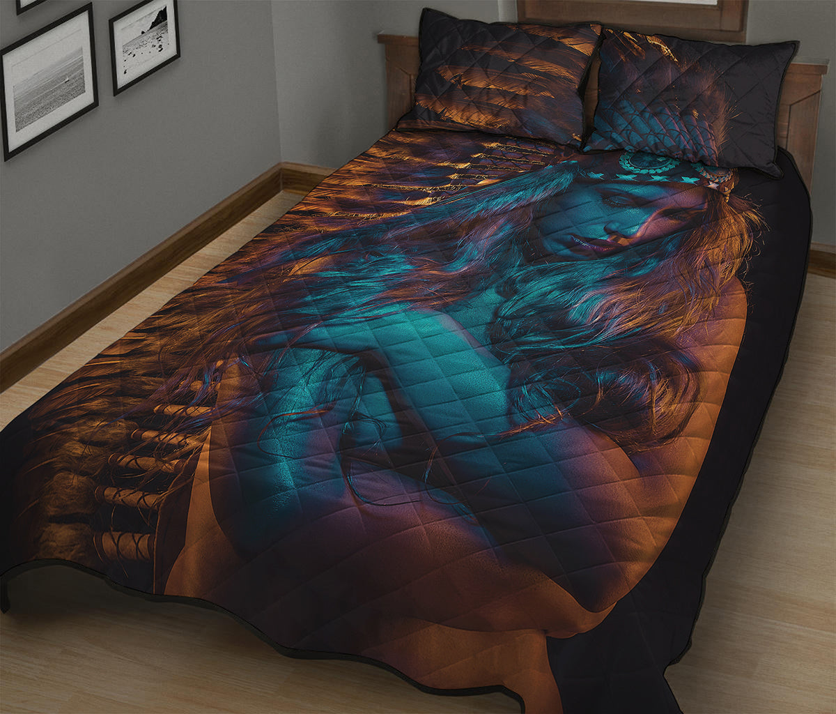 Native Indian Girl Portrait Print Quilt Bed Set