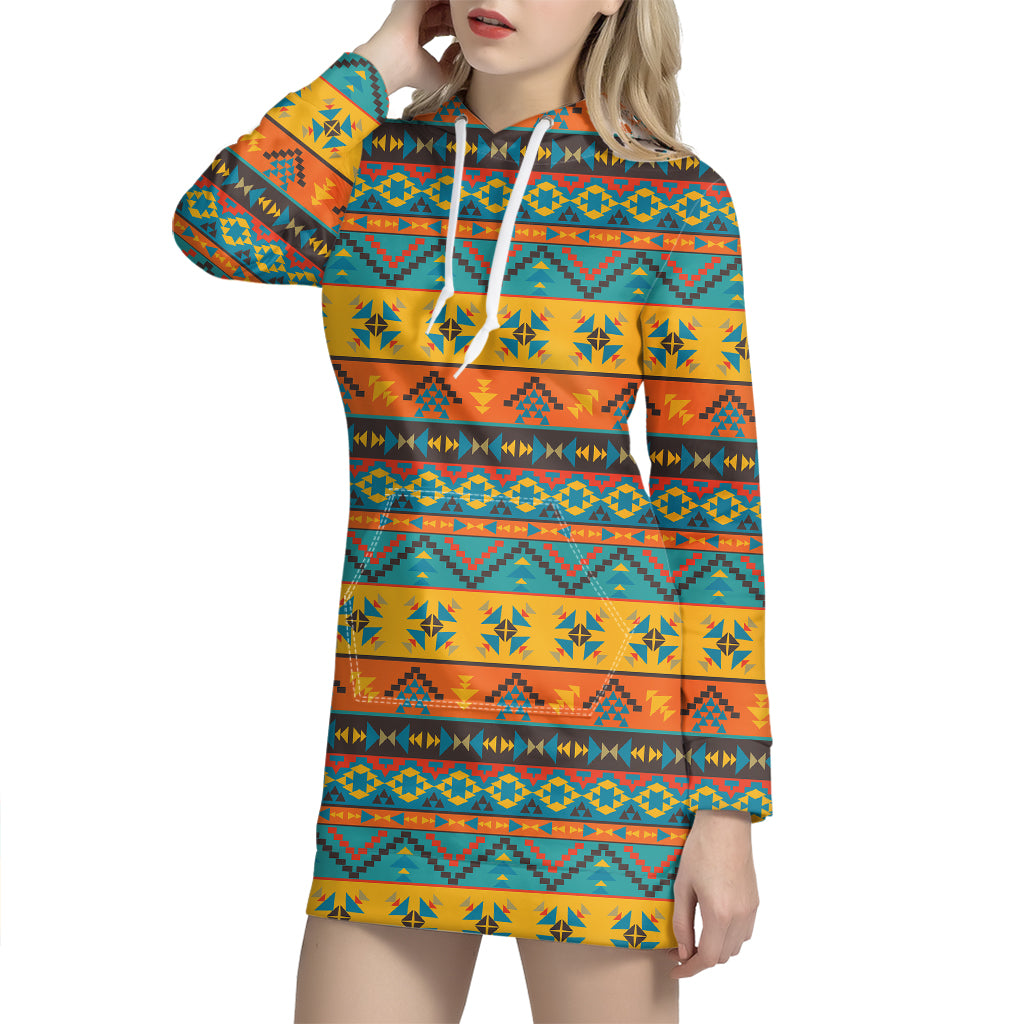 Native Indian Inspired Pattern Print Hoodie Dress