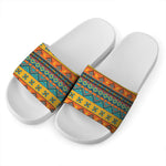 Native Indian Inspired Pattern Print White Slide Sandals