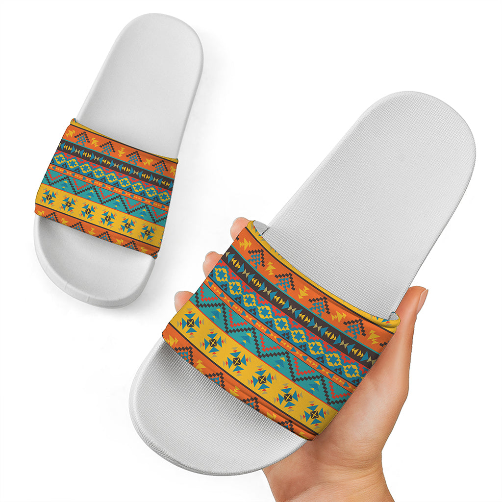 Native Indian Inspired Pattern Print White Slide Sandals
