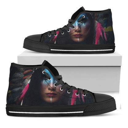 Native Indian Woman Portrait Print Black High Top Shoes