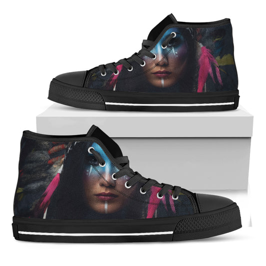 Native Indian Woman Portrait Print Black High Top Shoes