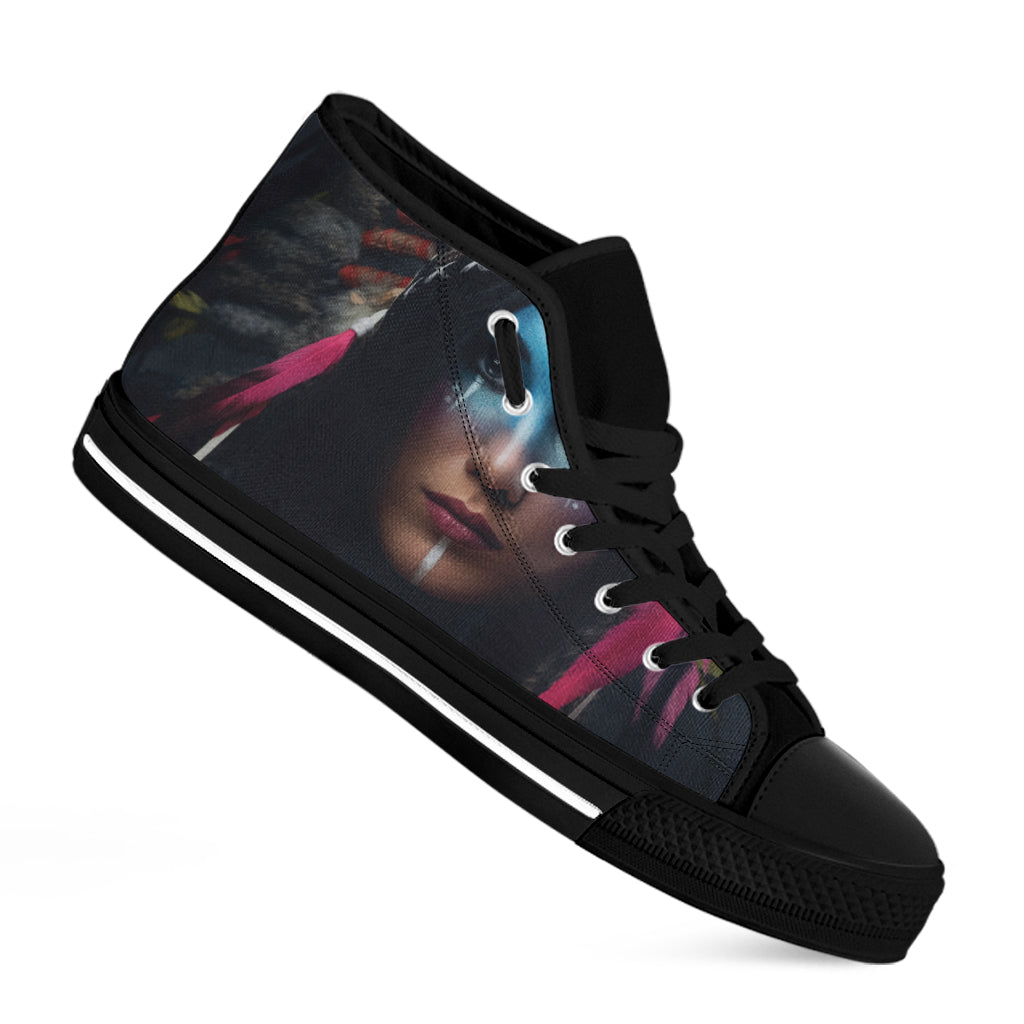 Native Indian Woman Portrait Print Black High Top Shoes