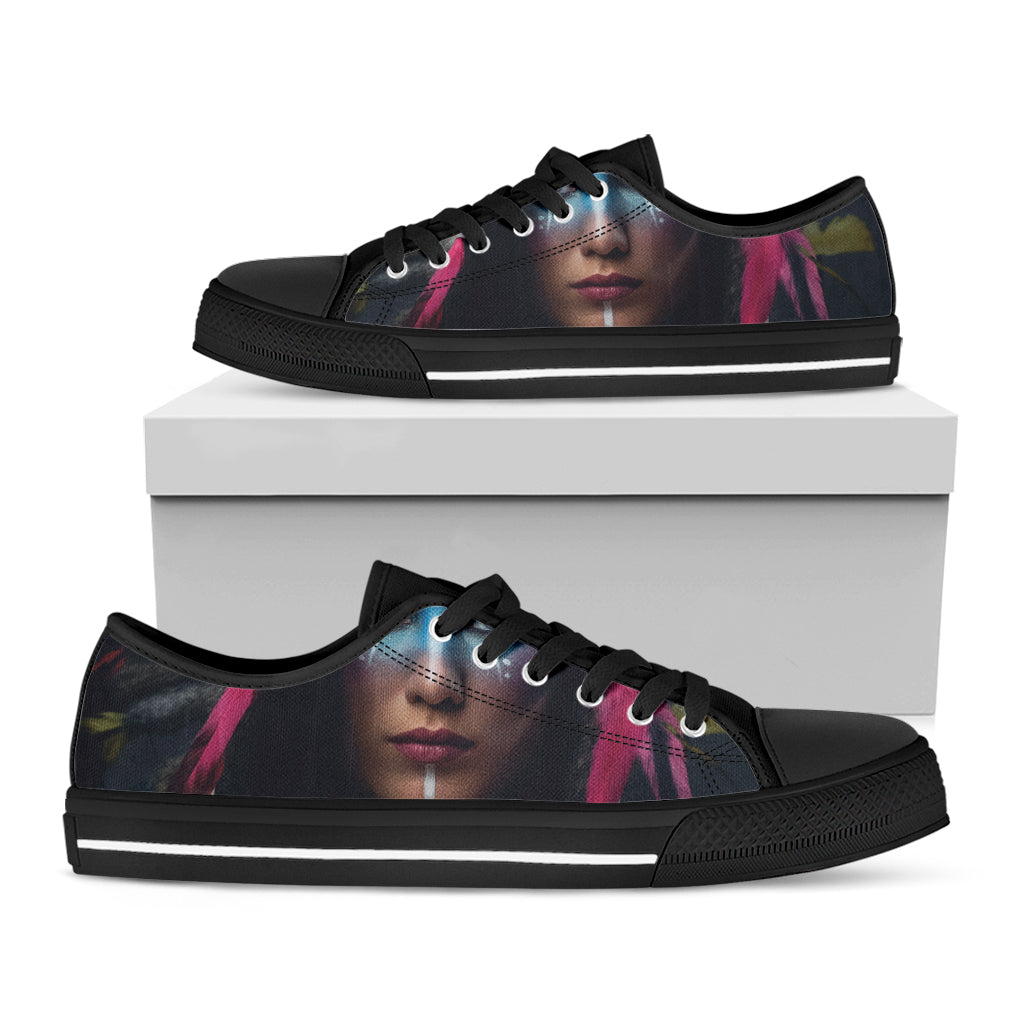 Native Indian Woman Portrait Print Black Low Top Shoes
