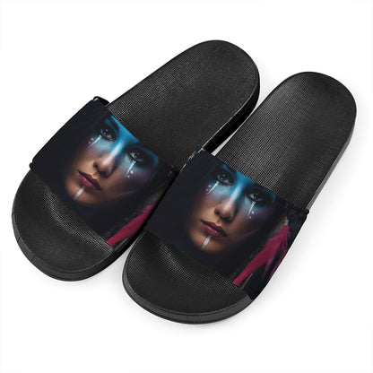 Native Indian Woman Portrait Print Black Slide Sandals