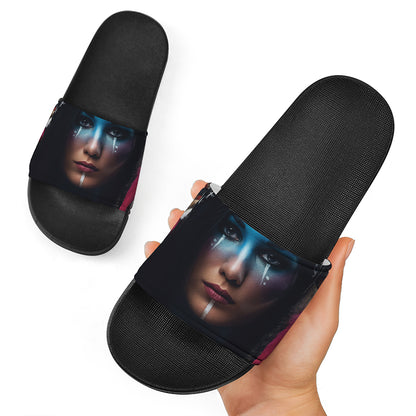Native Indian Woman Portrait Print Black Slide Sandals