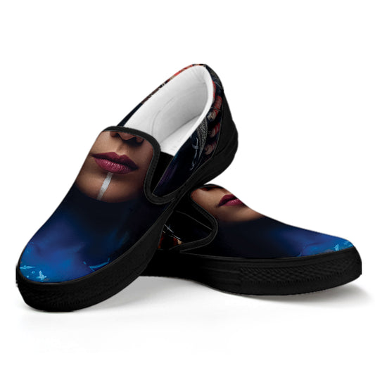 Native Indian Woman Portrait Print Black Slip On Shoes