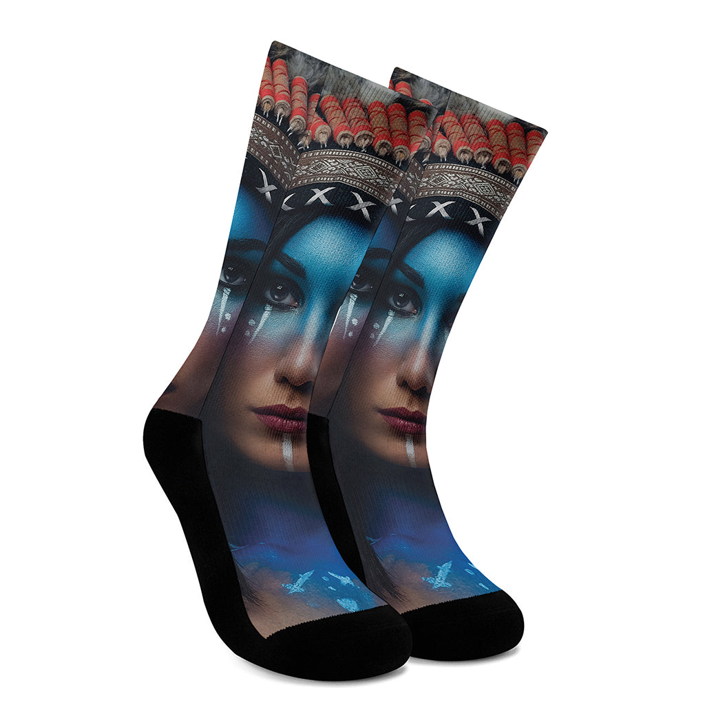 Native Indian Woman Portrait Print Crew Socks