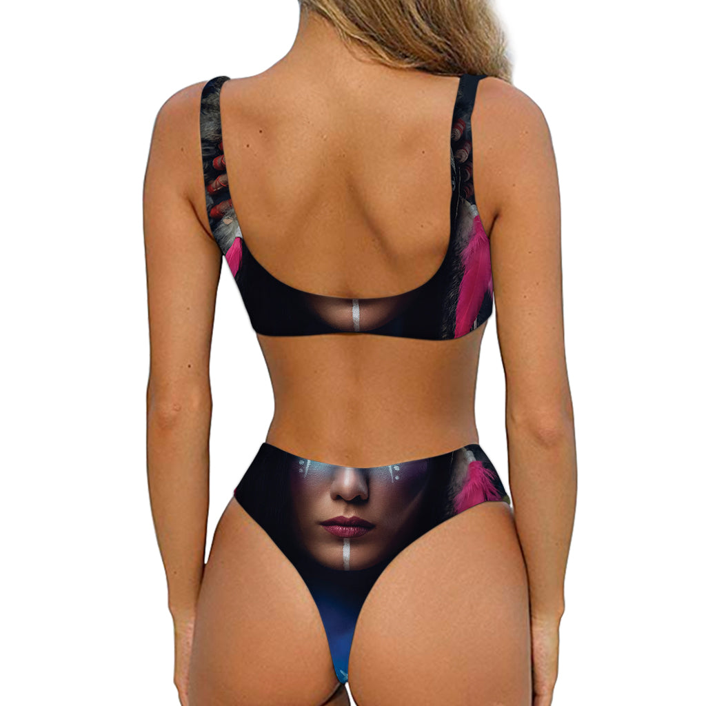 Native Indian Woman Portrait Print Front Bow Tie Bikini