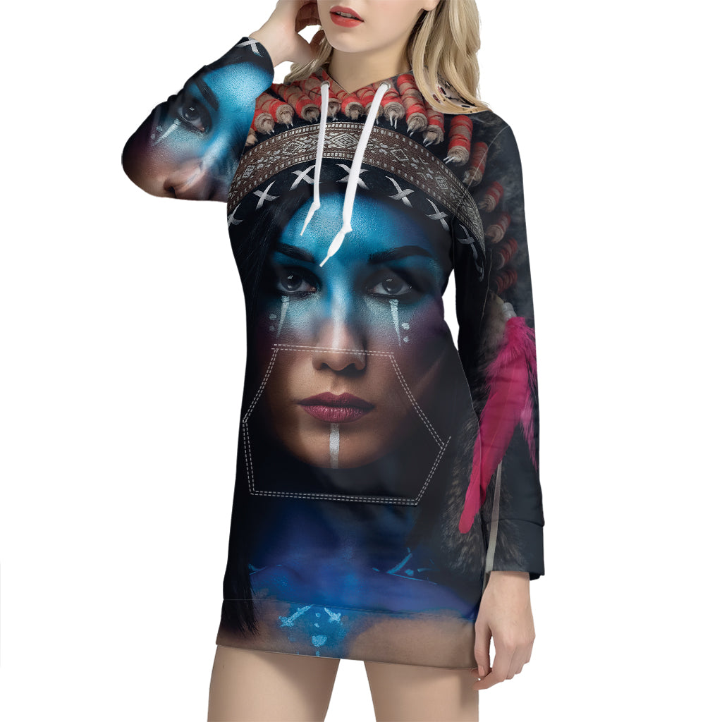 Native Indian Woman Portrait Print Hoodie Dress