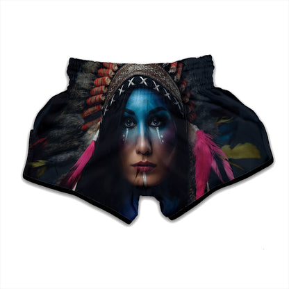 Native Indian Woman Portrait Print Muay Thai Boxing Shorts