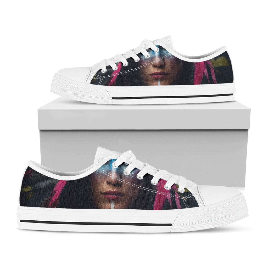 Native Indian Woman Portrait Print White Low Top Shoes